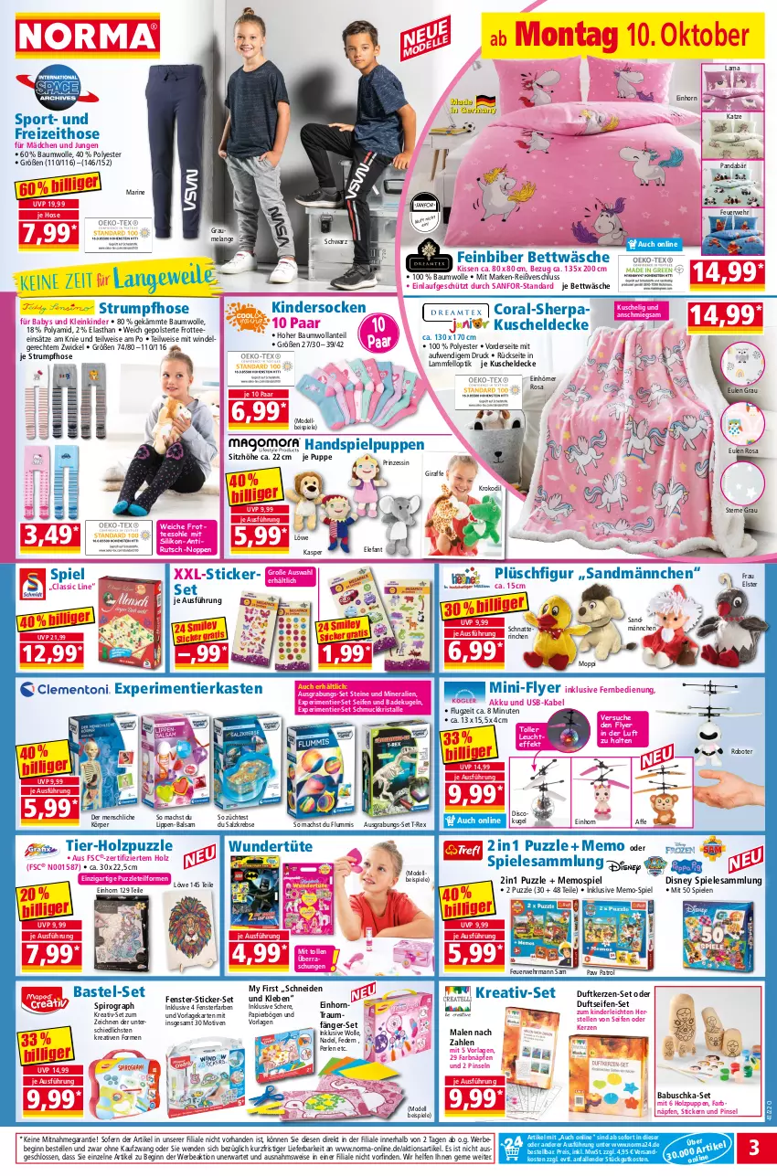 Aktueller Prospekt Norma - Norma - von 10.10 bis 17.10.2022 - strona 3 - produkty: abus, akku, Bad, balsam, Bau, baumwolle, Bebe, bett, bettwäsche, Coral, decke, dell, disney, Duftkerze, ehrmann, eis, Elan, Elefant, elle, fenster, fernbedienung, gin, Holz, hose, kerze, Kinder, kissen, Krebs, Kugel, kuscheldecke, lamm, Lammfell, LG, mac, Mode, ndk, papier, Paw Patrol, perlen, Pinsel, Plüsch, Puppe, Puzzle, reis, rum, rwe, salz, Schere, Schmuck, Seife, Sitzhöhe, socken, Spiele, Sport, Strumpfhose, tee, Ti, Tüte, usb, WICK, wolle