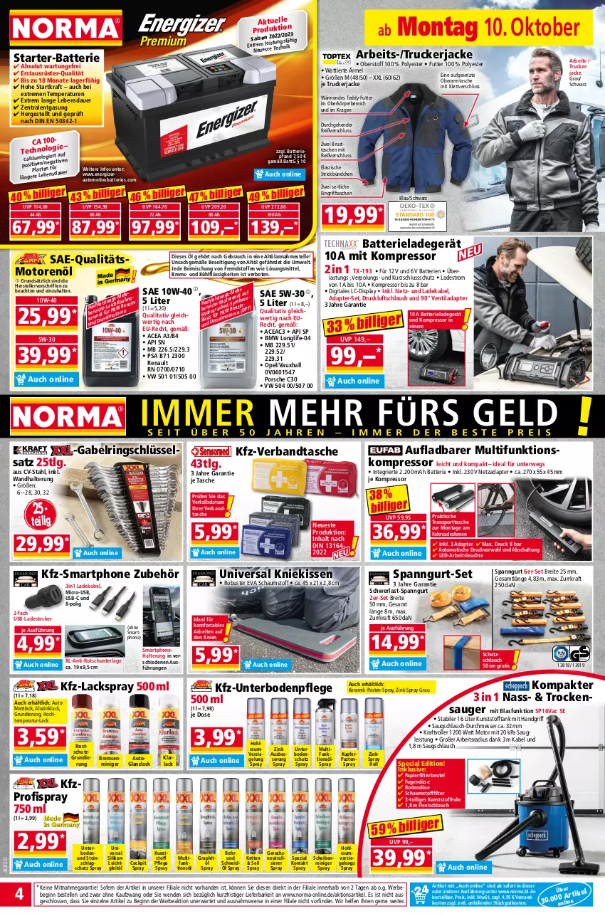 Aktueller Prospekt Norma - Norma - von 10.10 bis 17.10.2022 - strona 4 - produkty: adapter, Arbeitsleuchte, arla, asti, auer, auto, batterie, batterien, Bebe, beutel, Brei, Calcium, deka, Diesel, eis, elle, energizer, Fahrrad, gabel, gin, Jacke, Kette, kissen, Kniekissen, kompressor, kraft, lack, ladegerät, ladekabel, latte, Leuchte, LG, longlife, messer, motorenöl, ndk, papier, Rauch, reiniger, reiniger gel, reis, ring, rwe, sac, Schal, schlauch, smartphone, Spezi, Sport, sporttasche, Tasche, taschen, teller, Ti, tisch, Trockensauger, usb, wandhalterung, ZTE