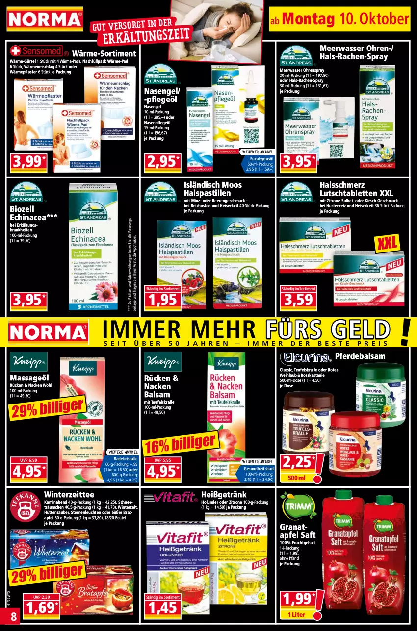 Aktueller Prospekt Norma - Norma - von 10.10 bis 17.10.2022 - strona 8 - produkty: apfel, Apotheke, asti, Bad, Badekristalle, balsam, beere, beeren, beutel, bio, Echinacea, eis, Engel, erde, Erkältungs, frucht, Gesundheit, getränk, grana, granatapfel, holunder, ilag, Kamin, kirsch, Leuchte, leuchten, mac, Meerwasser, pflaster, Pflegeöl, Rana, saft, tablet, tablett, Tablette, tee, Ti, wasser, wein, zitrone