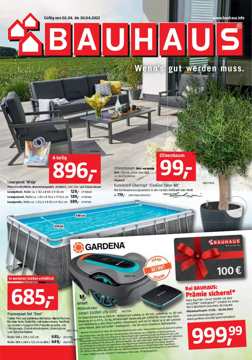 Aktueller Prospekt Bauhaus - Prospekte - von 02.04 bis 30.04.2022 - strona 1 - produkty: auer, Bau, eis, gardena, gutschein, Intel, LG, loungesessel, ndk, olive, oliven, sessel, Sofa, Ti, tisch, topf