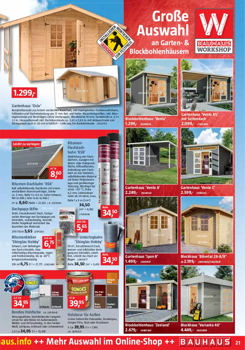 Aktueller Prospekt Bauhaus - Prospekte - von 02.04 bis 30.04.2022 - strona 21 - produkty: auer, Bau, bondex, Brei, decke, Elan, Garten, Gartenhaus, Hobby, Holz, holzlasur, HP, kleber, LG, massivholz, nuss, Ria, Schrank, stifte, Ti, wasser, Yo