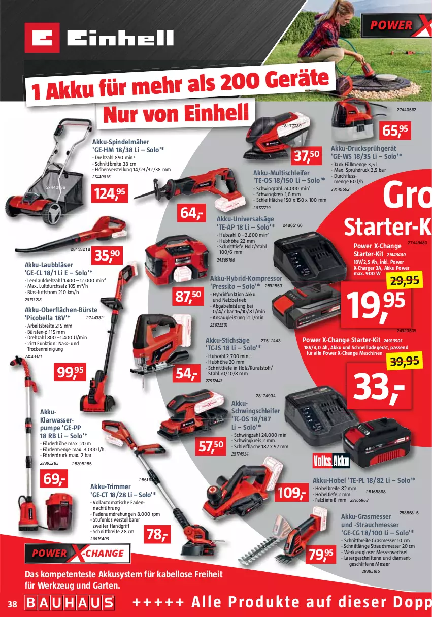 Aktueller Prospekt Bauhaus - Prospekte - von 02.04 bis 30.04.2022 - strona 38 - produkty: akku, Akku-Drucksprühgerät, auto, Brei, bürste, bürsten, einhell, eis, ente, gabel, Garten, Holz, kompressor, ladegerät, messer, passend für alle, Rauch, Reinigung, reis, rwe, säge, schnellladegerät, schnitten, Spindelmäher, stichsäge, Ti, tisch, wasser, werkzeug