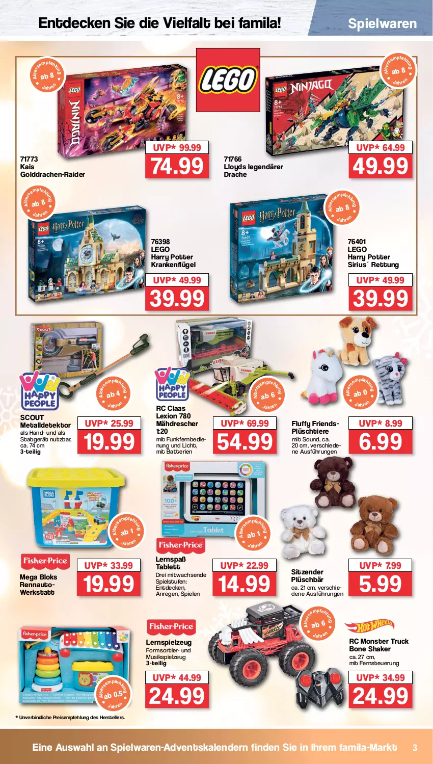 Aktueller Prospekt Famila - Prospekte - von 14.11 bis 19.11.2022 - strona 3 - produkty: Adventskalender, auto, batterie, batterien, decke, eis, elle, fernbedienung, LEGO Harry Potter, Lernspiel, monster, Monster Truck, Plüsch, reis, scout, shake, Spiele, spielwaren, spielzeug, tablet, tablett, teller, Ti, Tiere