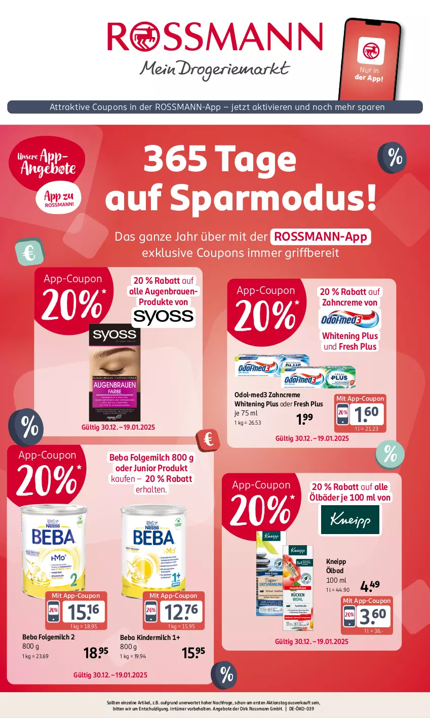 Aktueller Prospekt Rossmann - Prospekte - von 30.12.2025 bis 19.01.2026 - strona 1 - produkty: angebot, angebote, Bad, Beba, coupon, coupons, creme, folgemilch, Kinder, kindermilch, kneipp, LG, milch, Odol, Ti, zahncreme