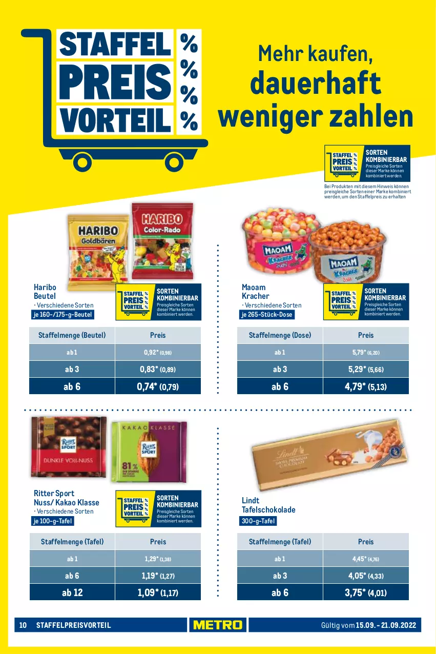 Aktueller Prospekt Metro - Food - von 15.09 bis 21.09.2022 - strona 10 - produkty: auer, beutel, eis, erde, haribo, kakao, kracher, lindt, maoam, nuss, preisvorteil, reis, ritter, ritter sport, schoko, schokolade, Sport, tafelschokolade, Ti