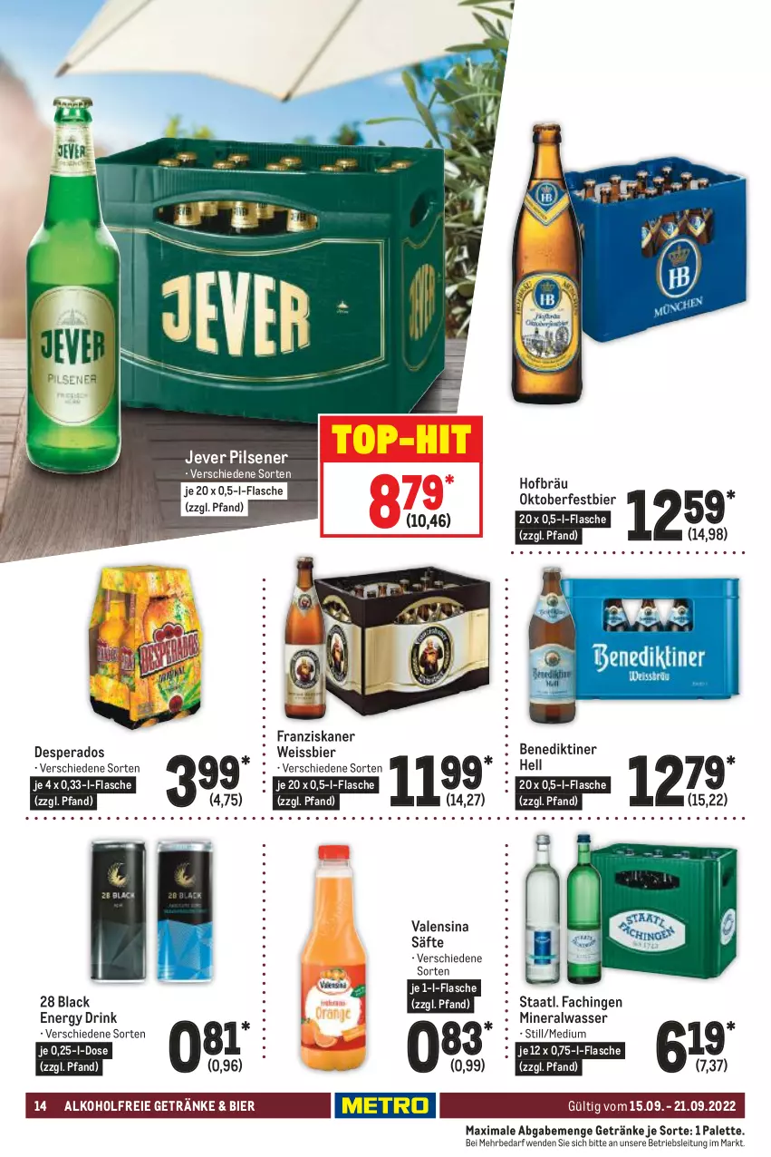 Aktueller Prospekt Metro - Food - von 15.09 bis 21.09.2022 - strona 14 - produkty: alkohol, alkoholfreie getränke, Alwa, Benediktiner, bier, desperados, drink, eis, energy drink, flasche, franziskaner, getränk, getränke, jever, jever pilsener, lack, mineralwasser, Palette, pils, pilsener, säfte, Staatl. Fachingen, Ti, valensina, wasser, weissbier