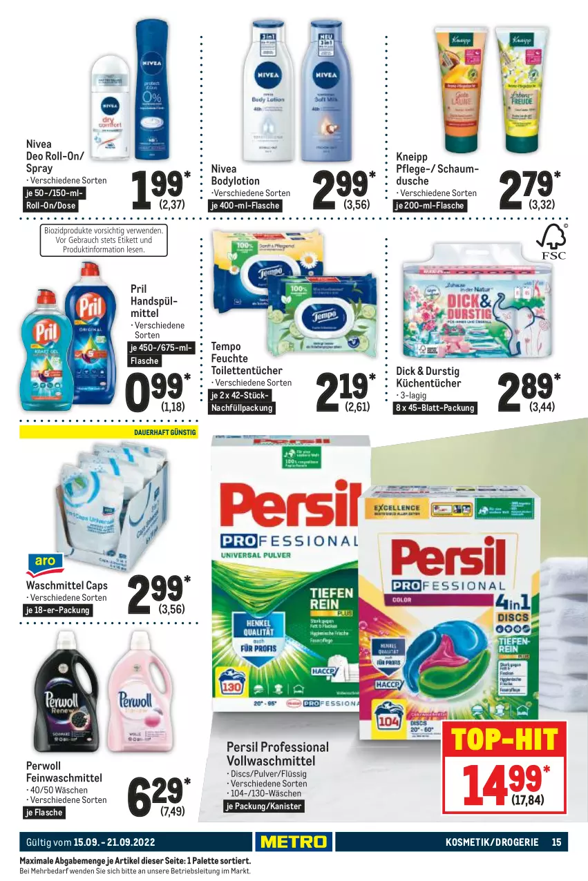 Aktueller Prospekt Metro - Food - von 15.09 bis 21.09.2022 - strona 15 - produkty: body, bodylotion, Cap, deo, deo roll-on, dusche, feinwaschmittel, flasche, kneipp, kosmetik, küche, Küchen, küchentücher, Lotion, nivea, Palette, persil, perwoll, pril, roll-on, Schaumdusche, spülmittel, Tempo, Ti, toilettentücher, top-hit, tücher, vollwaschmittel, waschmittel