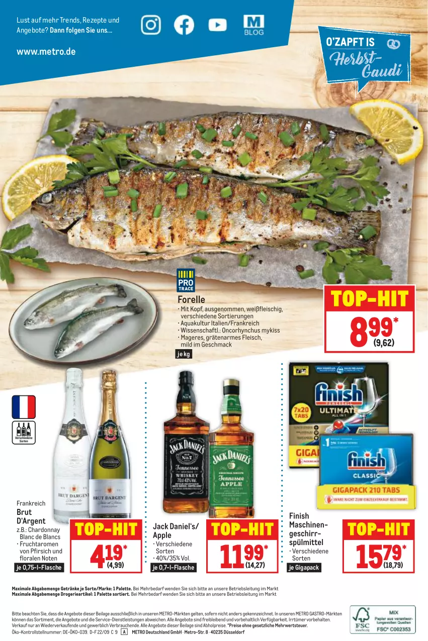 Aktueller Prospekt Metro - Food - von 15.09 bis 21.09.2022 - strona 16 - produkty: abholpreise, angebot, angebote, Apple, aqua, brut, chardonnay, de blancs, eis, elle, Finish, flasche, fleisch, forelle, frucht, geschirr, geschirrspülmittel, getränk, getränke, ilag, jack daniel, LG, mac, Metro, metro gastro, Palette, pfirsich, Rauch, reis, rel, rezept, rezepte, rwe, spülmittel, Ti, top-hit