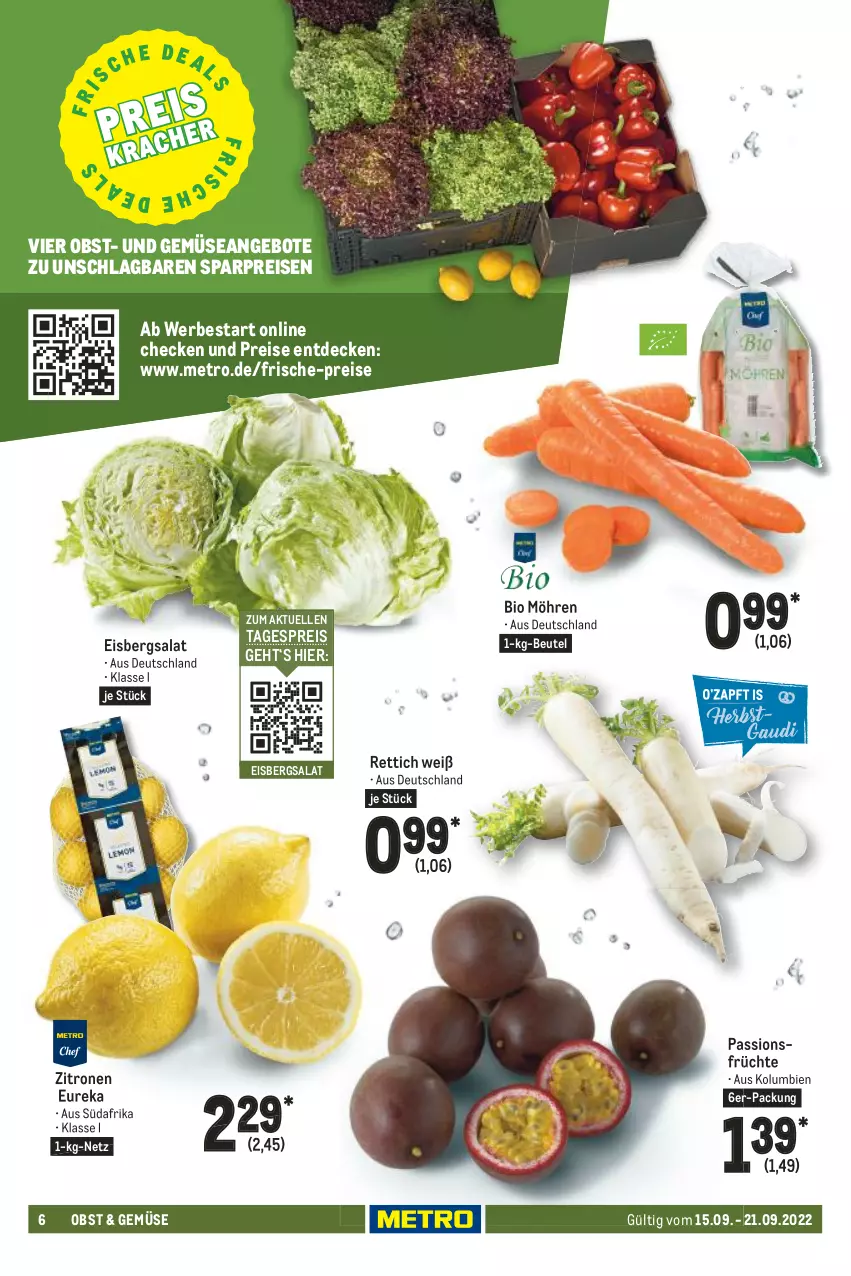 Aktueller Prospekt Metro - Food - von 15.09 bis 21.09.2022 - strona 6 - produkty: angebot, angebote, beutel, bio, decke, eis, eisbergsalat, elle, früchte, Metro, möhren, obst, reis, Rettich, salat, Ti, und gemüse, zitrone, zitronen