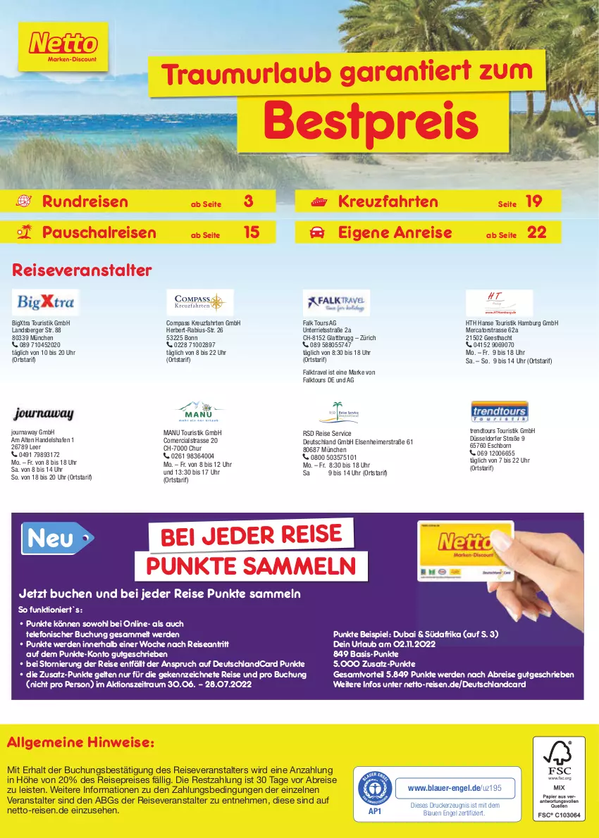 Aktueller Prospekt Netto Marken-Discount - Reise-Angebote Juli - von 30.06 bis 31.07.2022 - strona 2 - produkty: auer, Berger, bestpreis, Brei, buch, deutschlandcard, drucker, eimer, eis, Engel, erde, kerze, kreuzfahrten, LG, merci, reis, reiseveranstalter, Schal, telefon, Ti, trendtours touristik gmbh, uhr