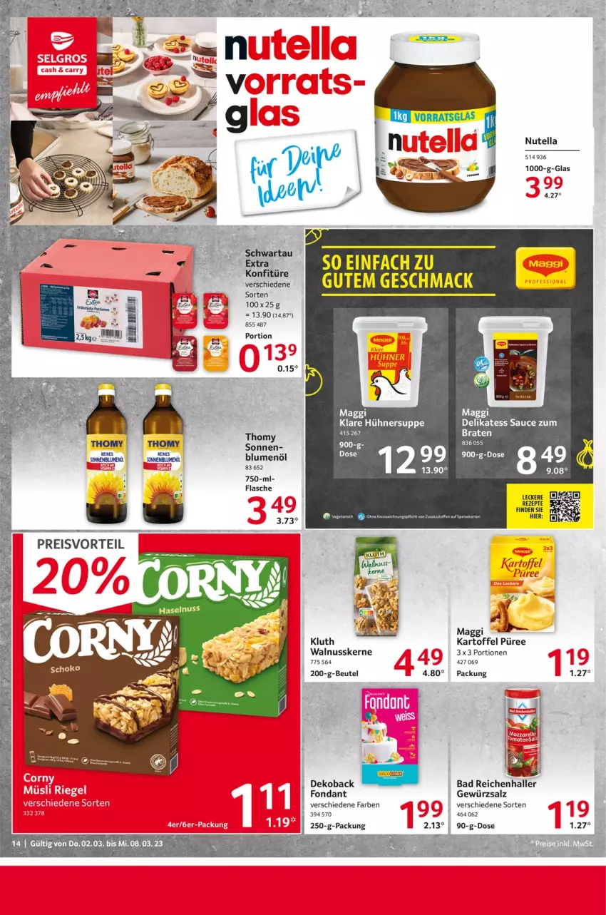 Aktueller Prospekt Selgros - Food - von 02.03 bis 08.03.2023 - strona 14 - produkty: Bad, beutel, blume, blumen, blumenöl, delikatess sauce, eis, flasche, gewürz, gewürzsalz, hühner, Hühnersuppe, kartoffel, mac, maggi, nuss, nutella, preisvorteil, püree, reis, salz, sauce, suppe, Ti, walnuss, walnusskerne