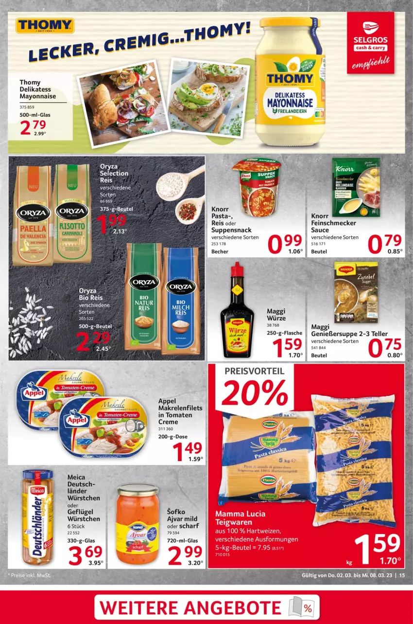 Aktueller Prospekt Selgros - Food - von 02.03 bis 08.03.2023 - strona 15 - produkty: Ajvar, Becher, beutel, bio, creme, eier, eis, elle, feinschmecker, filet, filets, flasche, Geflügel, knorr, knorr pasta, maggi, maggi würze, Makrele, Makrelenfilets, mayonnaise, meica, oryza, pasta, preisvorteil, reis, rel, risotto, sauce, snack, suppe, suppen, teller, thomy, Ti, tomate, tomaten, würstchen, Yo