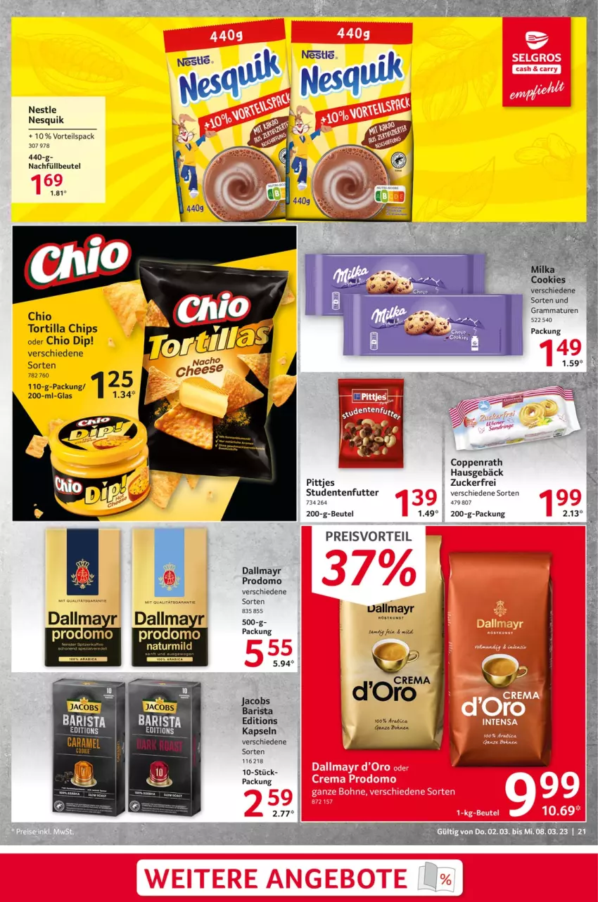 Aktueller Prospekt Selgros - Food - von 02.03 bis 08.03.2023 - strona 21 - produkty: beutel, chips, cookie, cookies, coppenrath, dallmayr, dallmayr prodomo, dip, eis, ente, jacobs, nesquik, preisvorteil, prodomo, reis, studentenfutter, Ti, tortilla, Tortilla Chips, zucker