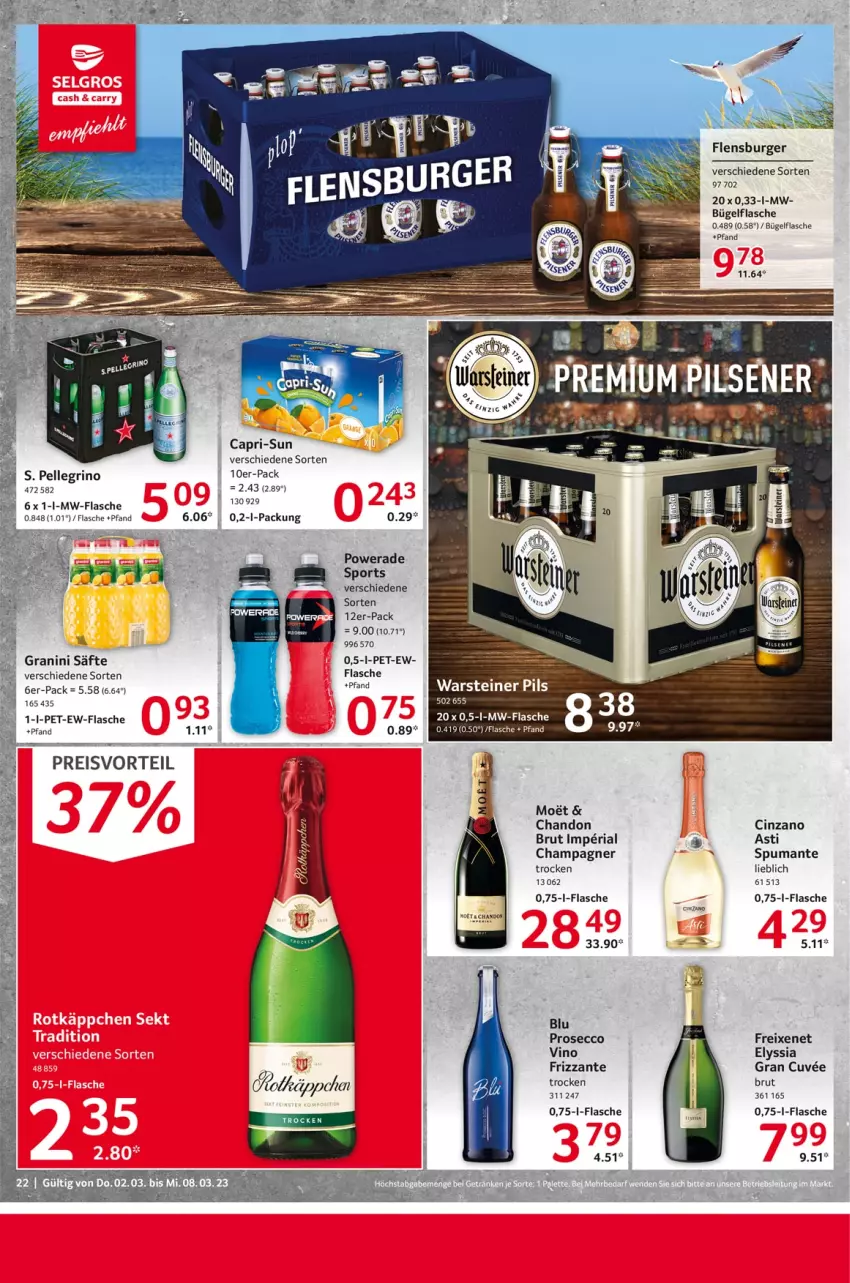 Aktueller Prospekt Selgros - Food - von 02.03 bis 08.03.2023 - strona 22 - produkty: asti, brut, bügel, bügelflasche, burger, Cap, capri-sun, champagne, champagner, cin, cinzano, ecco, eis, elle, flasche, flensburger, freixenet, frizzante, granini, mw-flasche, pils, preisvorteil, prosecco, puma, reis, Ria, säfte, Sport, spumante, steiner, tee, Ti, warsteiner