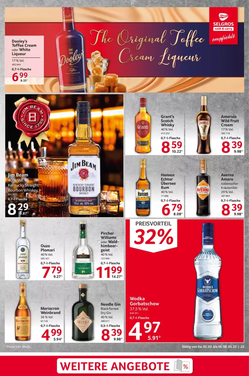 Aktueller Prospekt Selgros - Food - von 02.03 bis 08.03.2023 - strona 23 - produkty: amarula, bourbon, bourbon whiskey, dry gin, eis, flasche, gin, himbeer, kentucky straight, kräuter, kräuterlikör, lack, LG, likör, liqueur, mariacron, ouzo, pircher, preisvorteil, reis, Ria, rum, scotch, tuc, wein, weinbrand, whiskey, whisky, Wild