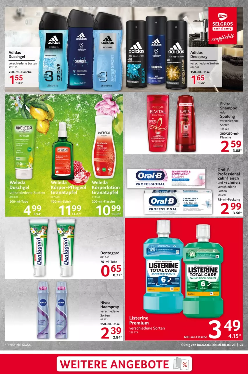 Aktueller Prospekt Selgros - Food - von 02.03 bis 08.03.2023 - strona 25 - produkty: Adidas, body, champion, deo, deospray, duschgel, eis, elvital, flasche, fleisch, haarspray, LG, listerine, mundspülung, nivea, oral-b, oralb, shampoo, spülung, Ti, total care, vita, weleda