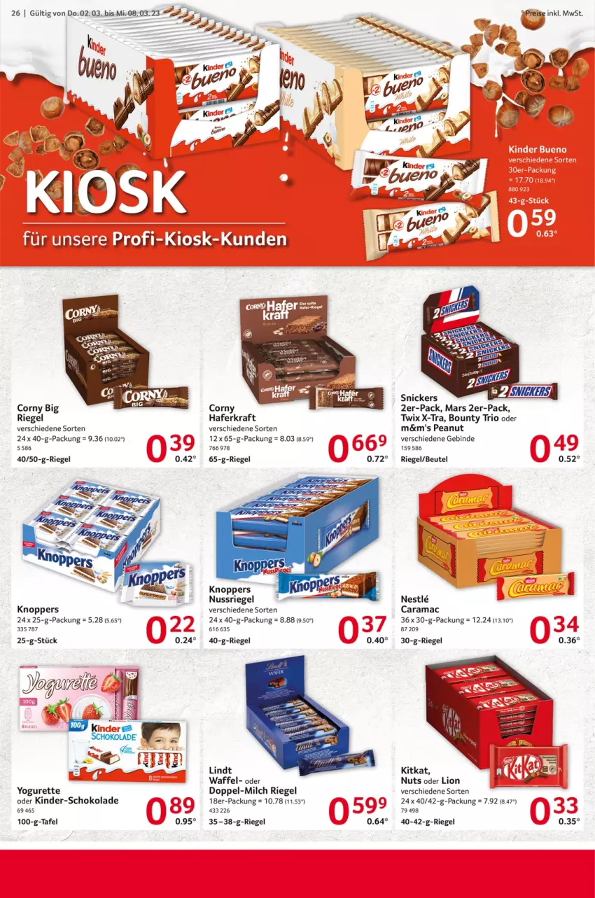 Aktueller Prospekt Selgros - Food - von 02.03 bis 08.03.2023 - strona 26 - produkty: beutel, bounty, corny, hafer, Kinder, kitkat, knoppers, kraft, lindt, lion, mac, mars, milch, nuss, nussriegel, rama, riegel, schoko, schokolade, snickers, twix, Yo, yogurette