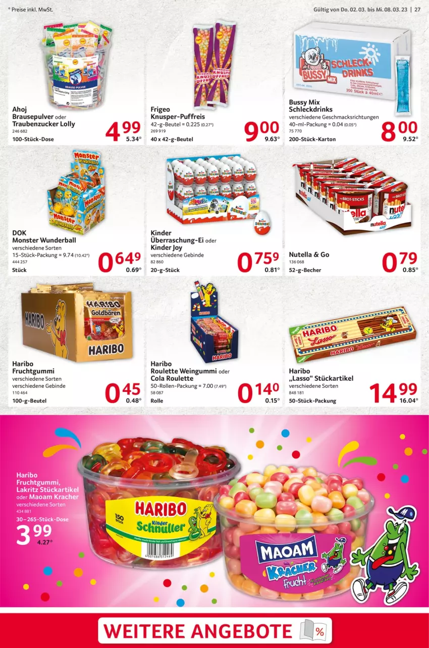 Aktueller Prospekt Selgros - Food - von 02.03 bis 08.03.2023 - strona 27 - produkty: ball, Becher, beutel, brause, cola, drink, drinks, eis, frucht, fruchtgummi, haribo, Kinder, mac, monster, nutella, reis, Ti, trauben, wein, zucker