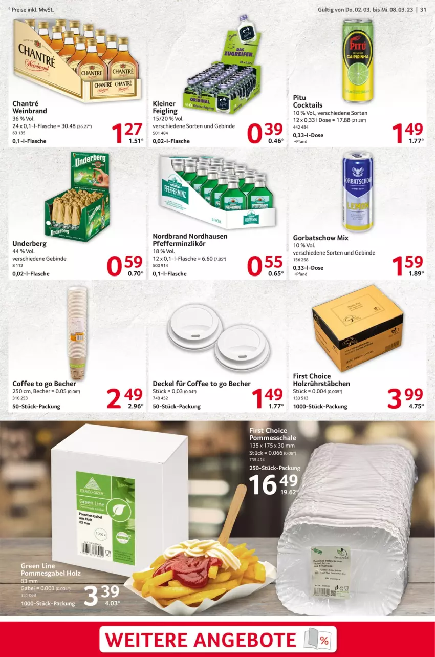 Aktueller Prospekt Selgros - Food - von 02.03 bis 08.03.2023 - strona 31 - produkty: angebot, angebote, Becher, cocktail, cocktails, decke, Deckel, eis, flasche, gabel, Gorbatschow, Holz, kleiner feigling, leine, likör, nordbrand, pfeffer, pfefferminzlikör, pommes, reis, Ti, underberg, wein, weinbrand