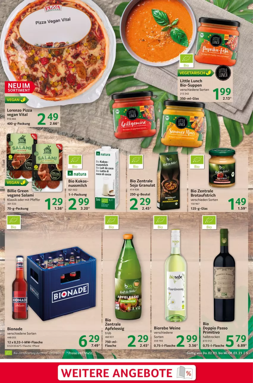 Aktueller Prospekt Selgros - Food - von 02.03 bis 08.03.2023 - strona 5 - produkty: apfel, apfelessig, aufstrich, bio, bionade, brot, brotaufstrich, chardonnay, doppio passo, essig, flasche, kokos, latte, lorenz, milch, mw-flasche, natur, natura, nuss, passo, pfeffer, pizza, primitivo, salami, soja, suppe, suppen, Ti, Vegeta, wein, weine