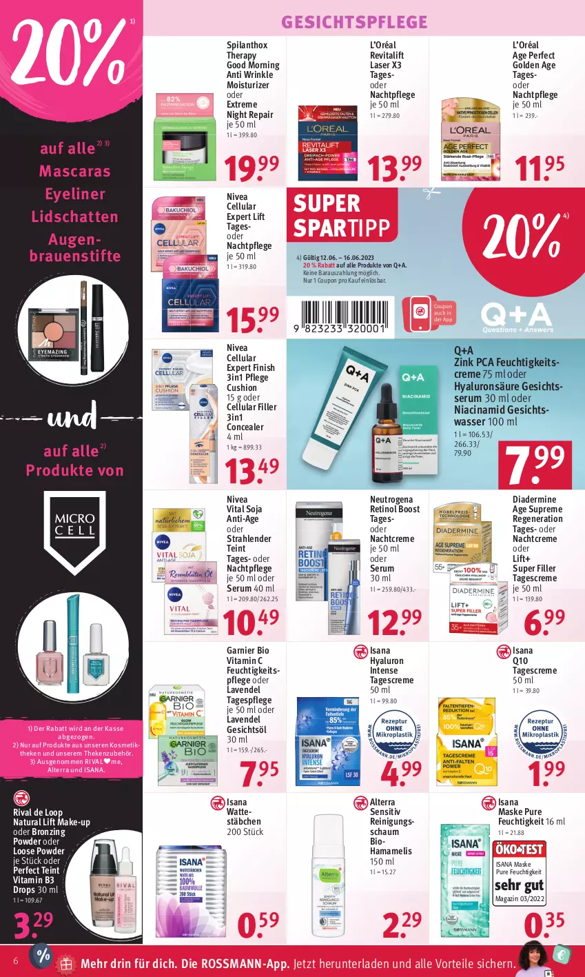 Aktueller Prospekt Rossmann - Prospekte - von 12.06 bis 16.06.2023 - strona 8 - produkty: alterra, bio, cellular filler, cin, coupon, creme, Diadermine, Eyeliner, feuchtigkeitscreme, feuchtigkeitspflege, Finish, garnier, Gesichtsöl, gesichtspflege, Gesichtswasser, hama, hyaluron, isana, kosmetik, lavendel, Loose, magazin, Make-up, mam, Mascara, Maske, nachtcreme, nachtpflege, natur, natura, neutrogena, nivea, Q10, Reinigung, Reinigungsschaum, Revital, revitalift, rum, sana, Serum, soja, spartipp, stifte, tagescreme, Tagespflege, Ti, vita, Vitamin B, Vitamin C, wasser, Wattestäbchen