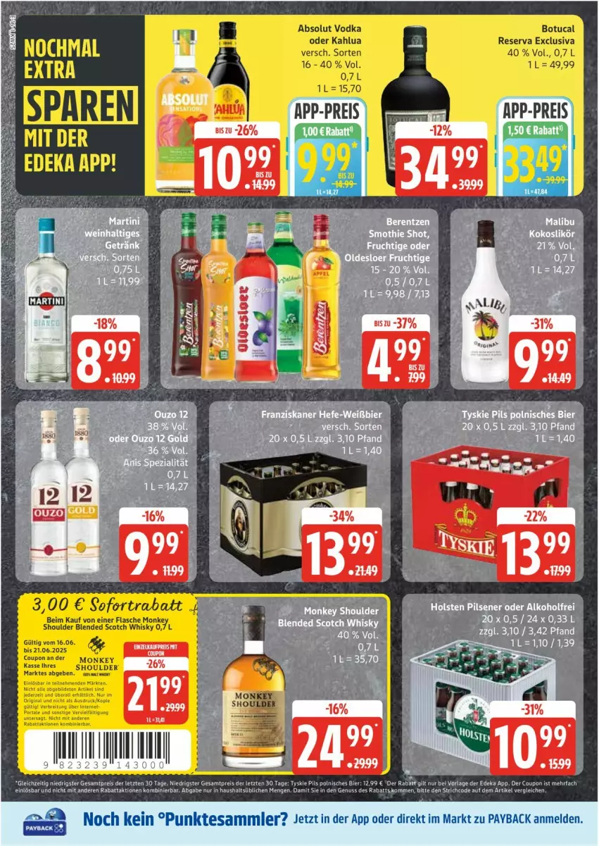 Aktueller Prospekt Edeka - Prospekte - von 16.06 bis 21.06.2025 - strona 16 - produkty: Absolut Vodka, alkohol, blended scotch, blended scotch whisky, coupon, eis, flasche, holsten, holsten pilsener, payback, pils, pilsener, reis, scotch, scotch whisky, tesa, Ti, tuc, tyskie, vodka, whisky, ZTE