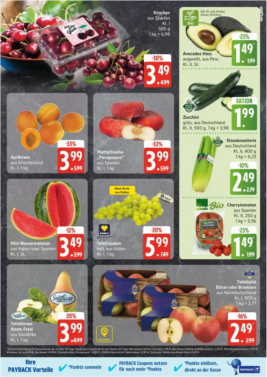 Aktueller Prospekt Edeka - Prospekte - von 16.06 bis 21.06.2025 - strona 5 - produkty: aprikose, aprikosen, avocado, avocados, bio, Birnen, cherrytomaten, coupon, coupons, deka, eis, elle, kirsch, kirsche, kirschen, melone, melonen, mini wassermelonen, paraguayos, payback, pfirsich, pfirsiche, plattpfirsiche, reifen, reis, stauden, tafeläpfel, tafelbirnen, tafeltrauben, Ti, tomate, tomaten, trauben, wasser, wassermelone, wassermelonen, Yo, ZTE, zucchini