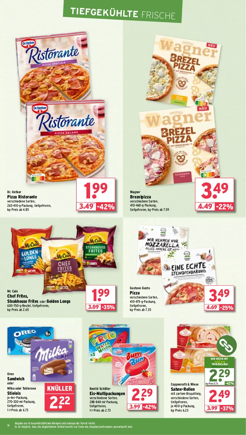 Aktueller Prospekt Wasgau - von 02.04 bis 06.04.2024 - strona 16 - produkty: angebot, beutel, brezel, coppenrath, Dr. Oetker, eis, Golden Longs, mc cain, milka, nestlé, nestlé schöller, oreo, pizza, reis, ristorante, sahne, sandwich, Schöller, steak, stieleis, Ti, toblerone, wagner