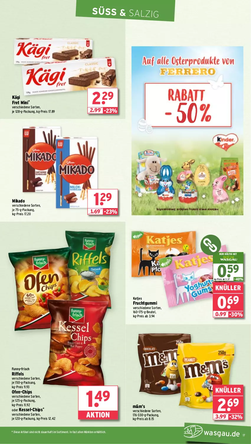 Aktueller Prospekt Wasgau - von 02.04 bis 06.04.2024 - strona 17 - produkty: auer, beispielabbildung, beutel, chips, eis, frucht, fruchtgummi, funny-frisch, Kägi, katjes, mikado, Ofen, reis, salz, Ti