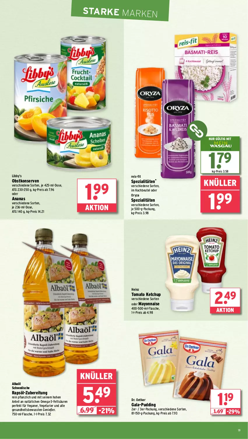 Aktueller Prospekt Wasgau - von 02.04 bis 06.04.2024 - strona 19 - produkty: ananas, beutel, Dr. Oetker, eis, flasche, Gesundheit, heinz, ketchup, kochbeutel, Konserven, mayonnaise, obst, omega, Omega-3, oryza, pudding, rapsöl, reis, reis-fit, Spezi, Ti, tomato ketchup, Vegeta, Yo