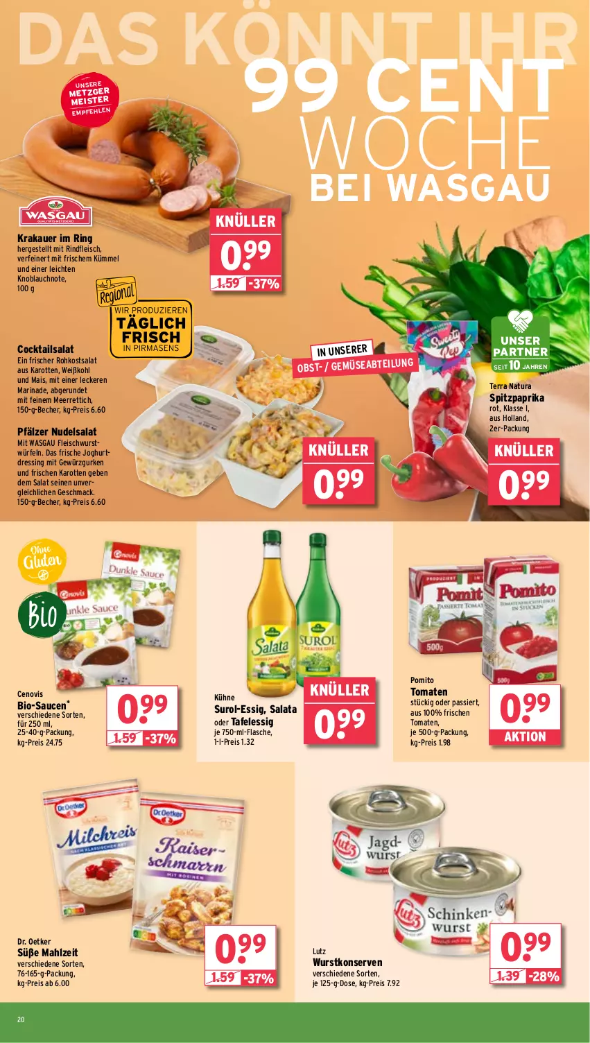 Aktueller Prospekt Wasgau - von 02.04 bis 06.04.2024 - strona 20 - produkty: Abtei, auer, Becher, bio, cocktail, cocktails, Dr. Oetker, dressing, eis, essig, flasche, fleisch, fleischwurst, gewürz, Gewürzgurke, gewürzgurken, gurke, gurken, joghur, joghurt, karotten, knoblauch, Konserven, krakauer, Kühne, mac, mais, marinade, meerrettich, Meister, natur, natura, nudel, nudelsalat, paprika, paprika rot, pomito, reis, Rettich, rind, rindfleisch, ring, salat, sauce, saucen, Spitzpaprika, Ti, tomate, tomaten, Weißkohl, würfel, wurst, wurstkonserven