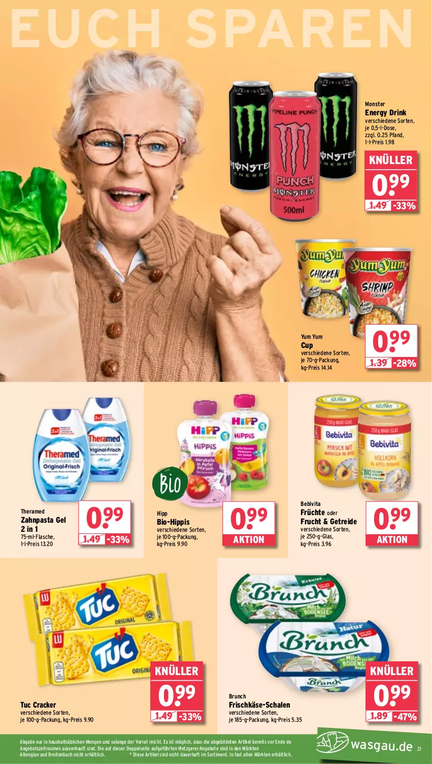 Aktueller Prospekt Wasgau - von 02.04 bis 06.04.2024 - strona 21 - produkty: angebot, angebote, auer, bebivita, bio, Brei, cracker, drink, eis, energy drink, flasche, frischkäse, frucht, früchte, hipp, Käse, monster, Monster Energy, pasta, reis, Schal, Schale, theramed, Ti, tuc, vita, Yum Yum, zahnpasta