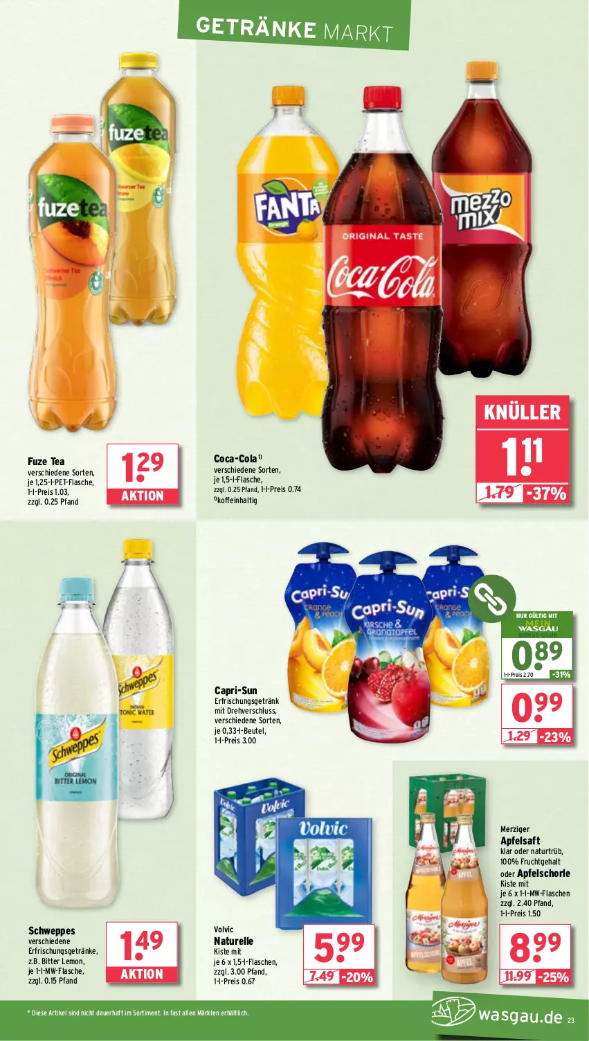 Aktueller Prospekt Wasgau - von 02.04 bis 06.04.2024 - strona 23 - produkty: apfel, apfelsaft, Apfelschorle, auer, beutel, bitter lemon, Cap, capri-sun, coca-cola, cola, eis, elle, erfrischungsgetränk, erfrischungsgetränke, flasche, frucht, fuze tea, getränk, getränke, mw-flasche, natur, pet-flasche, reis, rel, saft, schorle, schweppes, Ti, volvic