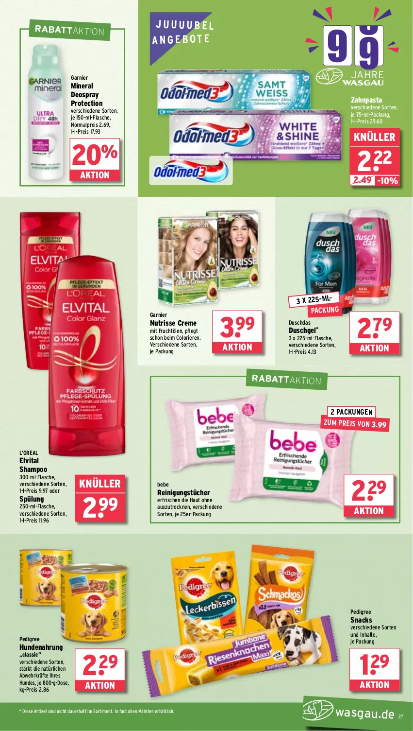 Aktueller Prospekt Wasgau - von 02.04 bis 06.04.2024 - strona 27 - produkty: angebot, angebote, auer, Bebe, creme, deo, deospray, duschdas, duschgel, eis, elvital, flasche, frucht, garnier, hundenahrung, mit frucht, Nutrisse, pasta, pedigree, Reinigung, reinigungstücher, reis, shampoo, snack, snacks, spülung, Ti, tücher, vita, zahnpasta