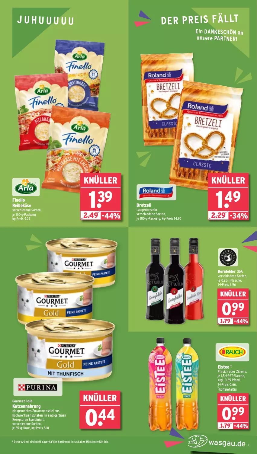 Aktueller Prospekt Wasgau - von 02.04 bis 06.04.2024 - strona 3 - produkty: auer, brezel, Brezeln, dornfelder, eis, eistee, finello, flasche, gourmet gold, Käse, katzennahrung, Laugenbrezel, pet-flasche, pfirsich, Reibekäse, reis, rezept, tee, Ti, uhu, zitrone