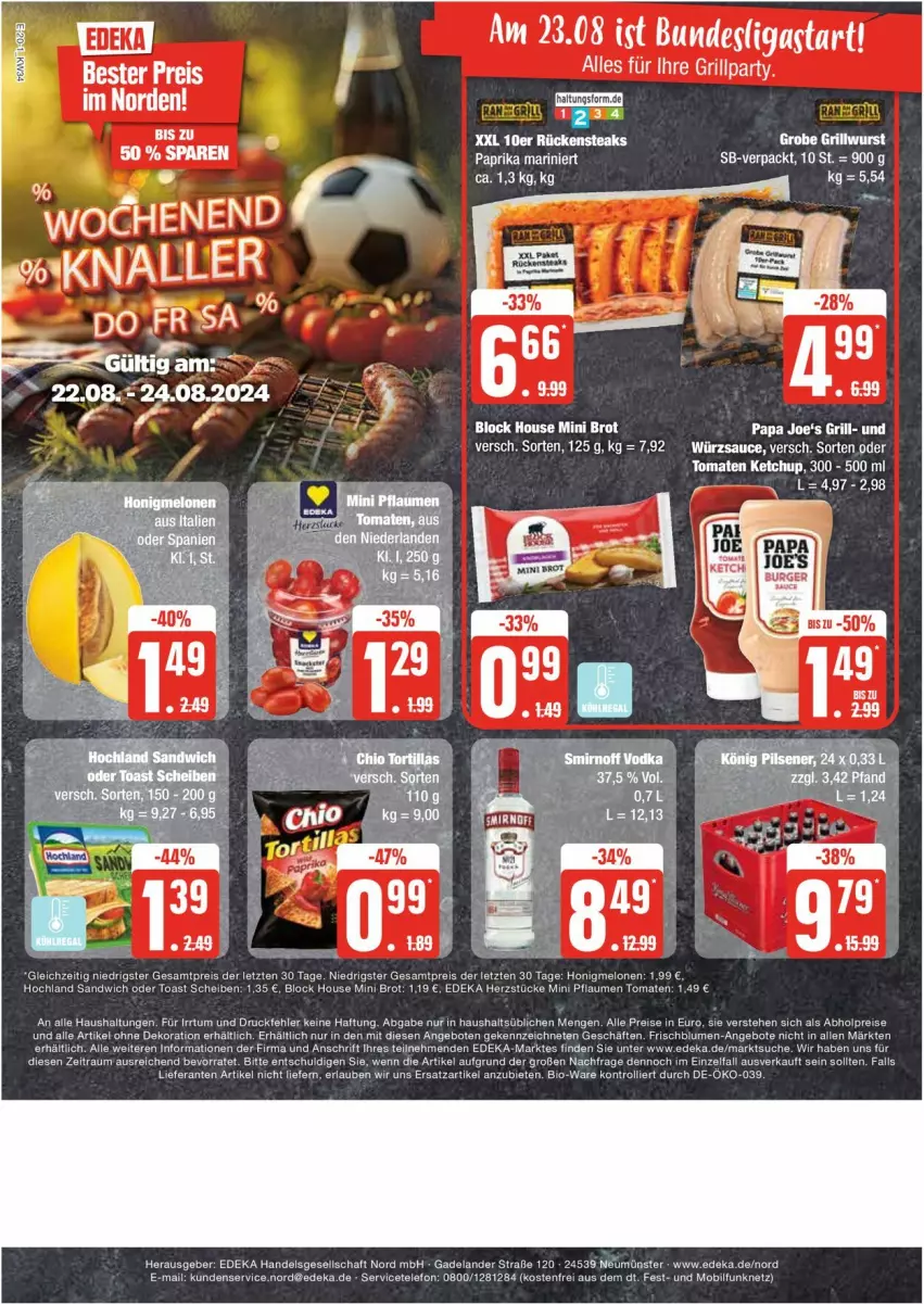 Aktueller Prospekt Edeka - Prospekte - von 19.08 bis 24.08.2024 - strona 20 - produkty: abholpreise, alle artikel ohne dekoration, angebot, angebote, bio, blume, blumen, brot, deka, dekoration, eis, Elan, grill, hochland, honig, honigmelone, honigmelonen, ketchup, melone, melonen, pflaume, pflaumen, reis, Rückensteak, rückensteaks, sandwich, sauce, steak, steaks, telefon, Ti, toast, tomate, tomaten, tomaten ketchup, trolli, würzsauce, ZTE