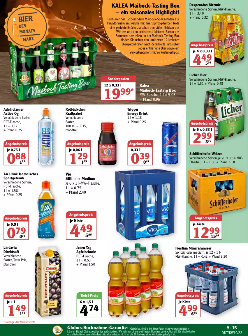 Aktueller Prospekt Globus - Prospekte - von 07.03 bis 12.03.2022 - strona 15 - produkty: adelholzener, alkohol, Alwa, angebot, angebotspreis, apfel, Apfelschorle, asti, auer, bier, Biere, bierspezialitäten, desperados, direktsaft, drink, eier, eis, elle, energy drink, flasche, getränk, getränke, Holz, Kette, kraft, mineralwasser, mw-flasche, pet-flasche, Rauch, reis, saft, schöfferhofer, schorle, sonderposten, Spezi, Sport, Ti, tiefst-preis, wasser