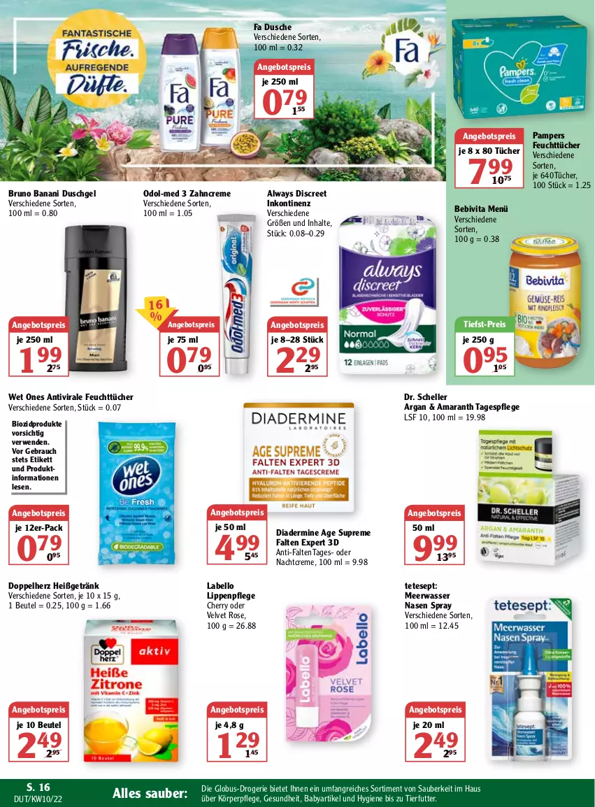 Aktueller Prospekt Globus - Prospekte - von 07.03 bis 12.03.2022 - strona 16 - produkty: Alwa, Always, angebot, angebotspreis, bebivita, beutel, bio, biozidprodukte, bruno banani, creme, Diadermine, Discreet, doppelherz, Dr. Scheller, dusche, duschgel, eis, elle, feuchttücher, Gesundheit, getränk, körperpflege, Labello, Lippenpflege, Meerwasser, nachtcreme, Odol, Odol-med 3, pampers, Rauch, reis, rwe, Tagespflege, Ti, tiefst-preis, tücher, velvet, vita, wasser, zahncreme