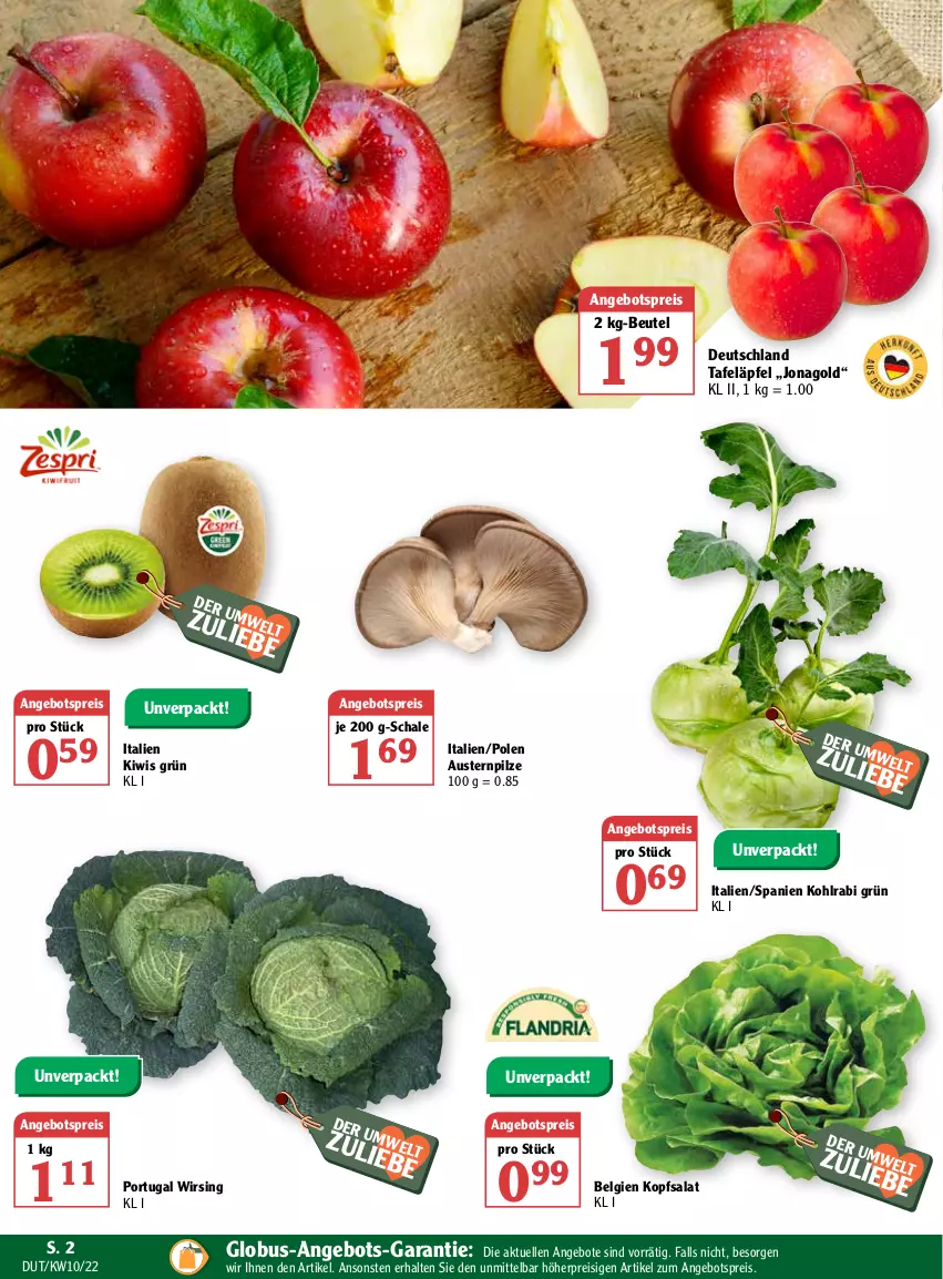 Aktueller Prospekt Globus - Prospekte - von 07.03 bis 12.03.2022 - strona 2 - produkty: angebot, angebote, angebotspreis, aust, Austern, beutel, eis, elle, kiwi, kohlrabi, kopfsalat, LG, pilze, reis, salat, Schal, Schale, tafeläpfel, Ti, Wirsing