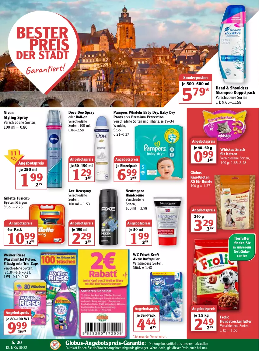 Aktueller Prospekt Globus - Prospekte - von 07.03 bis 12.03.2022 - strona 20 - produkty: angebot, angebote, angebotspreis, axe, Cap, creme, deo, deo spray, deospray, dove, eis, elle, ente, frolic, fusion5, getränk, getränke, gillette, handcreme, kraft, neutrogena, nivea, pampers, Pants, reis, roll-on, shampoo, snack, sonderposten, Systemklingen, Ti, trockenfutter, waschmittel, wc frisch, WC Frisch Kraft Aktiv, whiskas, windeln