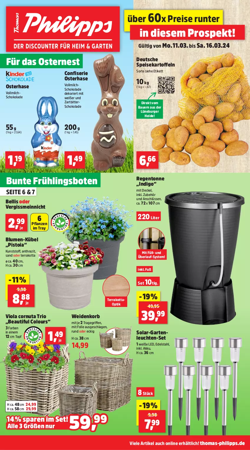 Aktueller Prospekt Thomas Philipps - von 11.03 bis 16.03.2024 - strona 1 - produkty: akku, auer, Bau, Bauer, blume, blumen, burger, decke, Deckel, edelstahl, eis, Garten, kartoffel, kartoffeln, korb, Leuchte, leuchten, LG, milch, pflanze, pflanzen, reis, schoko, schokolade, speisekartoffeln, Ti, topf, tragegriff, vollmilch, Zartbitterschokolade