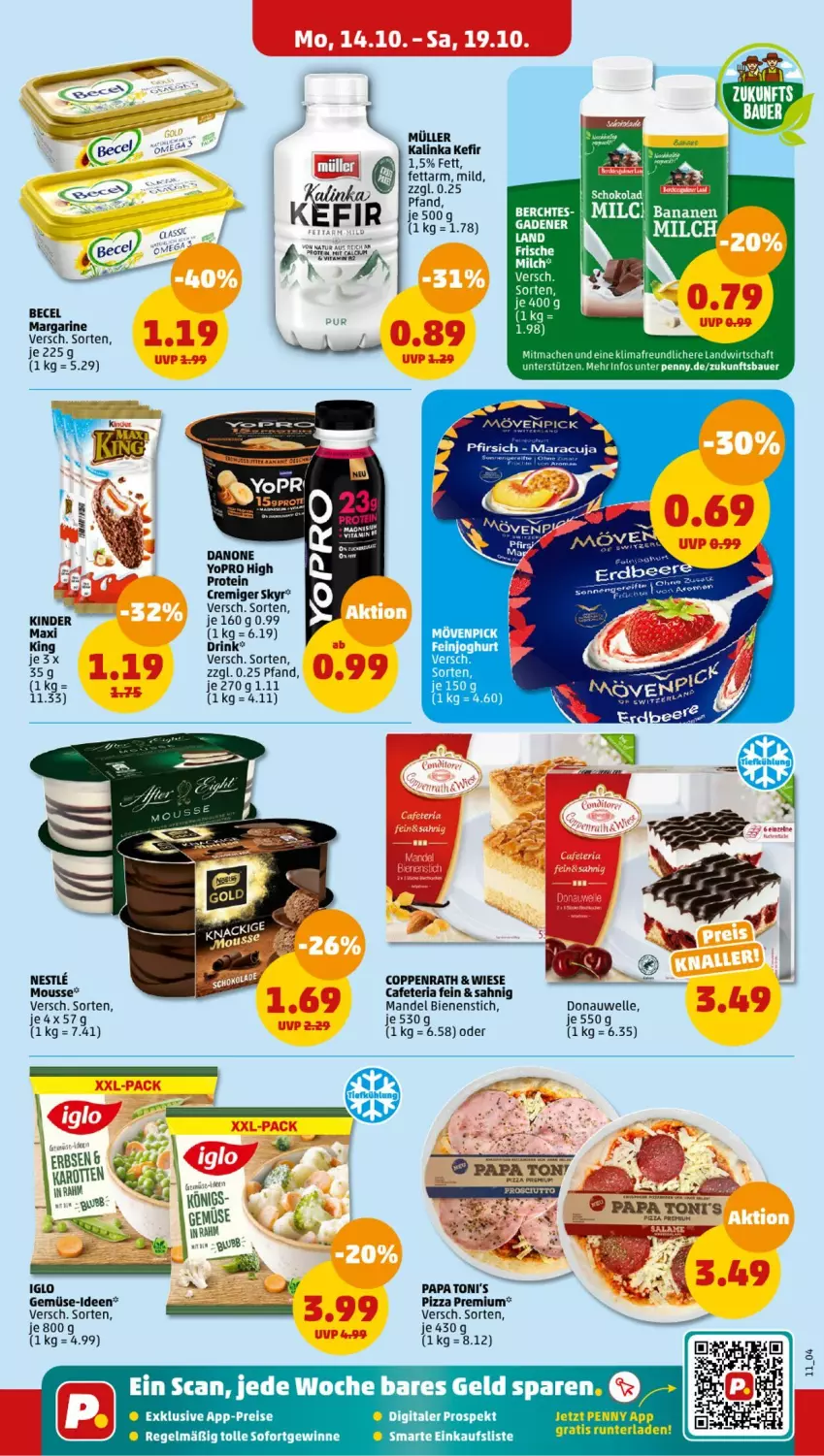 Aktueller Prospekt Penny - Prospekte - von 14.10 bis 19.10.2024 - strona 11 - produkty: auer, Bau, Bauer, becel, coppenrath, danone, drink, eis, elle, iglo, karotten, Kefir, Kinder, LG, mac, mandel, maracuja, margarine, mousse, mövenpick, Müller, pizza, reis, Ria, schoko, Skyr, Ti, Yo