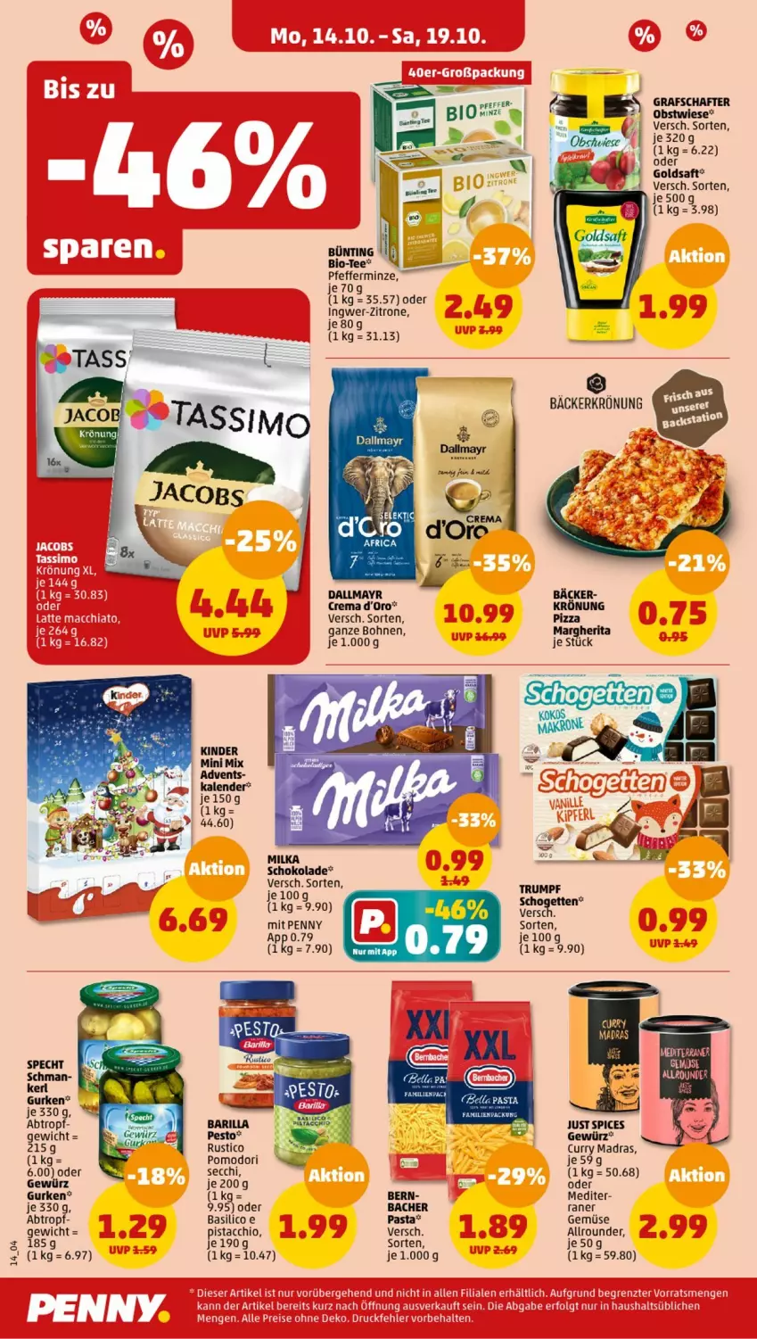 Aktueller Prospekt Penny - Prospekte - von 14.10 bis 19.10.2024 - strona 14 - produkty: ACC, barilla, basilico, bio, bohne, bohnen, curry, dallmayr, gewürz, goldsaft, grafschafter, gurke, gurken, ingwer, Kinder, margherita, milka, minze, obst, pasta, pesto, pfeffer, pfefferminze, pizza, rum, saft, schogetten, schoko, schokolade, specht, tee, Ti, zitrone