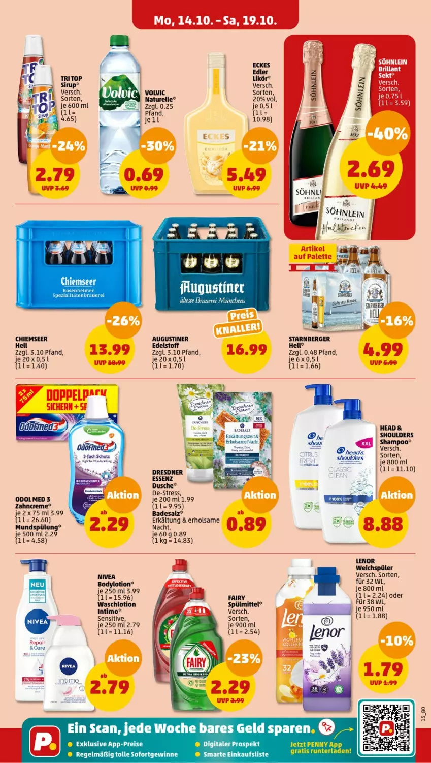 Aktueller Prospekt Penny - Prospekte - von 14.10 bis 19.10.2024 - strona 15 - produkty: Bad, Berger, body, bodylotion, creme, dusche, eis, elle, fairy, lenor, lenor weichspüler, likör, Lotion, mundspülung, natur, nivea, Odol, Palette, reis, rel, salz, shampoo, spülmittel, spülung, tee, Ti, volvic, Waschlotion, weichspüler, zahncreme