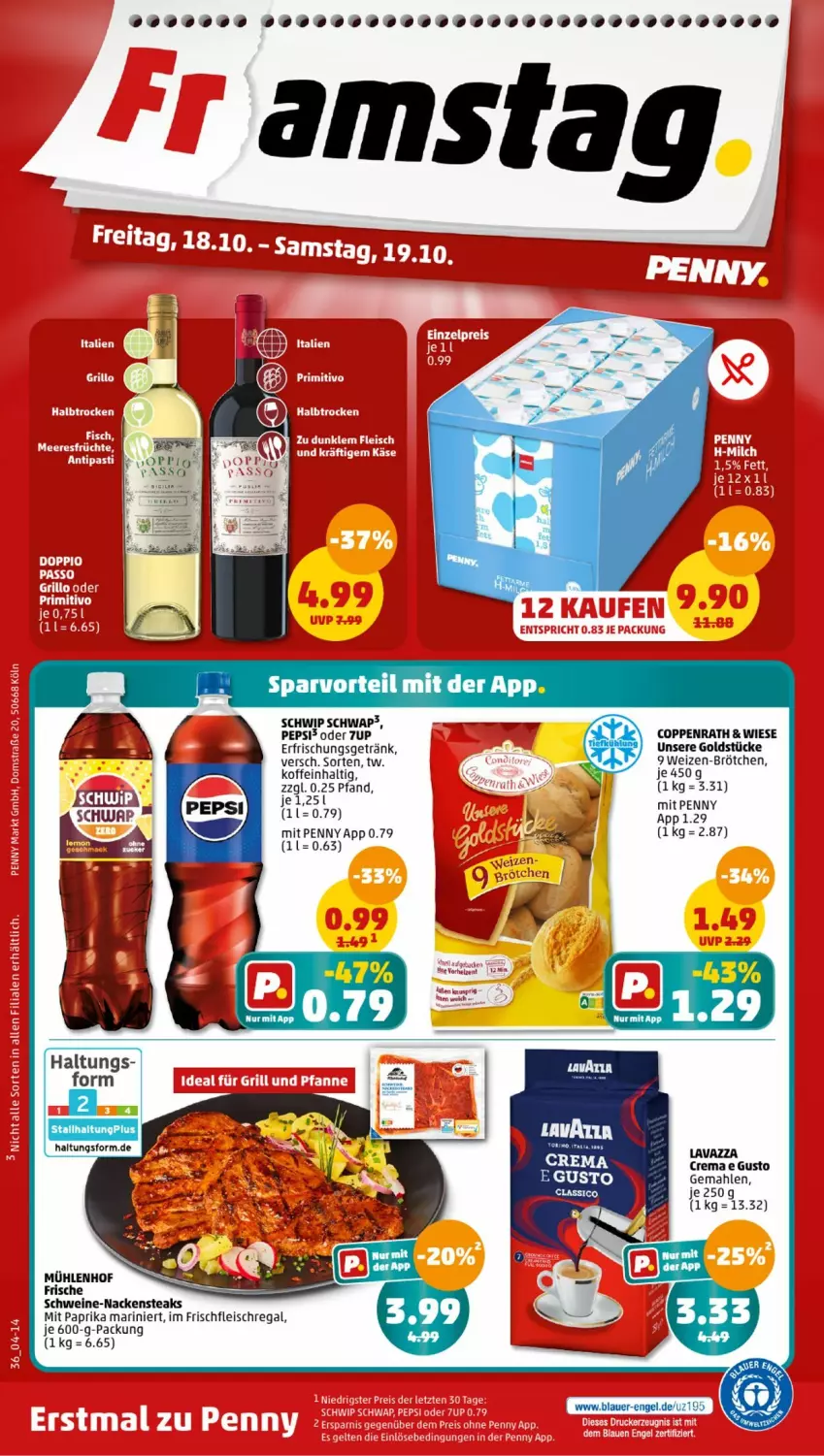 Aktueller Prospekt Penny - Prospekte - von 14.10 bis 19.10.2024 - strona 36 - produkty: 7UP, brötchen, coppenrath, eis, erfrischungsgetränk, fleisch, getränk, Goldstücke, lavazza, mit paprika, Nackensteak, nackensteaks, paprika, pepsi, regal, schwein, schweine, Schwip Schwap, steak, steaks, Ti, wein, weine, ZTE