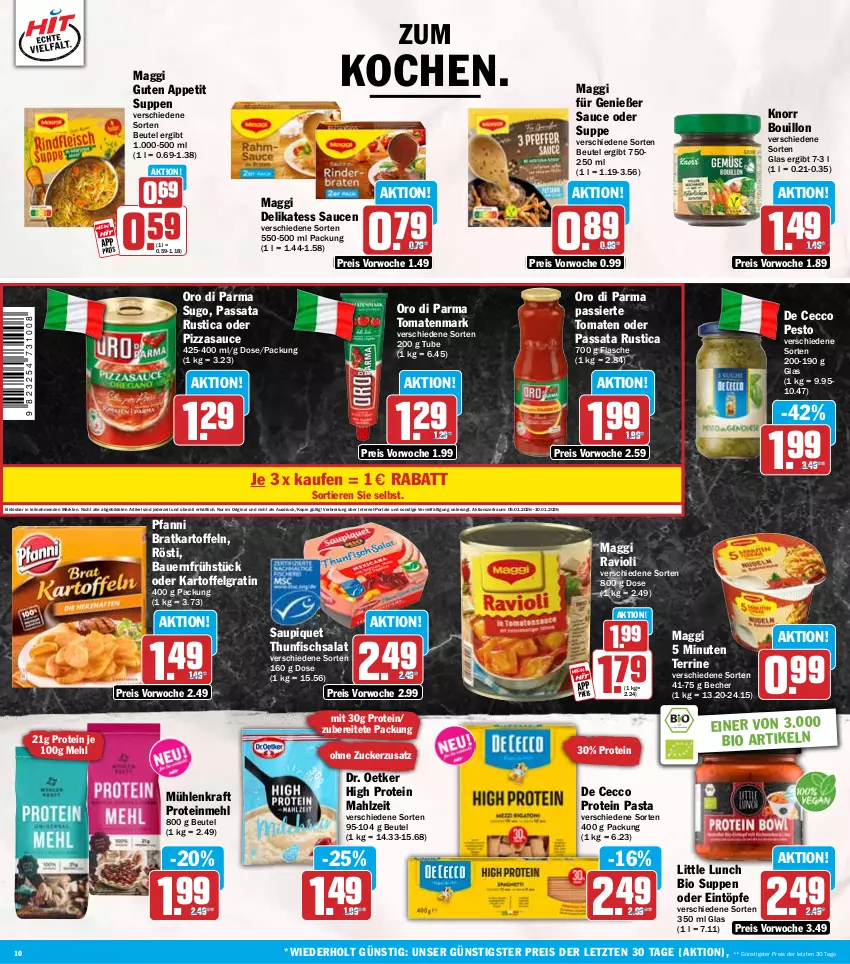 Aktueller Prospekt Hit - Wochenprospekt - von 05.01 bis 10.01.2026 - strona 10 - produkty: auer, Bau, Bauer, Becher, beutel, bio, Brei, De Cecco, delikatess sauce, Dr. Oetker, ecco, eintöpfe, eis, fisch, flasche, gin, kartoffel, kartoffeln, knorr, kraft, LG, maggi, mehl, oro di parma, pasta, pesto, pfanni, pizza, ravioli, reis, salat, sauce, saucen, saupiquet, Sugo, suppe, suppen, terrine, thunfisch, Thunfischsalat, Ti, Tiere, tomate, tomaten, tomatenmark, ZTE, zucker