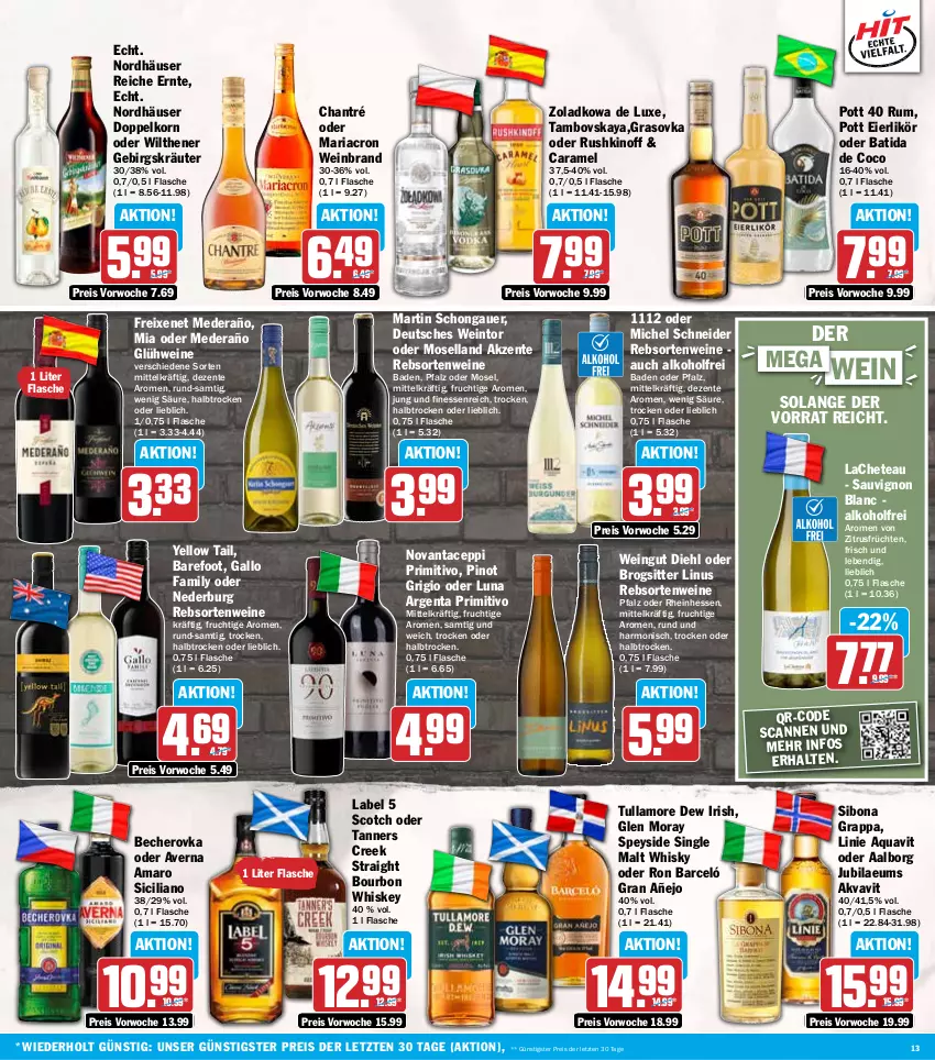 Aktueller Prospekt Hit - Wochenprospekt - von 05.01 bis 10.01.2026 - strona 13 - produkty: Aalborg, alkohol, amaro, aqua, aquavit, auer, averna, Bad, batida, Becher, Becherovka, Bona, bourbon, bourbon whiskey, caramel, chantré, doppelkorn, eier, eierlikör, eis, ente, finesse, flasche, freixenet, frucht, früchte, früchten, gallo, gallo family, Glühwein, grappa, hero, korn, kräuter, likör, mariacron, Michel Schneider, moselland, nederburg, Pinot, pinot grigio, primitivo, rebsortenweine, reis, Ria, rum, sauvignon, sauvignon blanc, scotch, single malt, Ti, tullamore, tullamore dew, wein, weinbrand, weine, whiskey, whisky, wilthener, yellow tail, ZTE