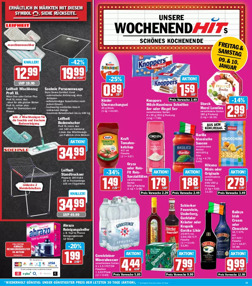 Aktueller Prospekt Hit - Wochenprospekt - von 05.01 bis 10.01.2026 - strona 15 - produkty: Alwa, asus, aus dem kühlregal, auto, baileys, barilla, bodenwischer, cola, Coral, eis, flasche, gerolsteine, gerolsteiner, gin, Gurktaler, haselnuss, hilcona, irish cream, ketchup, Kinder, kissen, knoppers, kraft, kräuter, kühlregal, latte, leifheit, likör, merci, milch, mineralwasser, nuss, oryza, Personenwaag, personenwaage, pfanne, regal, Reinigung, reis, reiss, riegel, sauce, saucen, Schal, schnitten, soehnle, Spezi, steiner, storck, Ti, Tiere, tisch, tomate, tomaten, tomatenketchup, topf, Trockner, underberg, Waage, wasser, ZTE