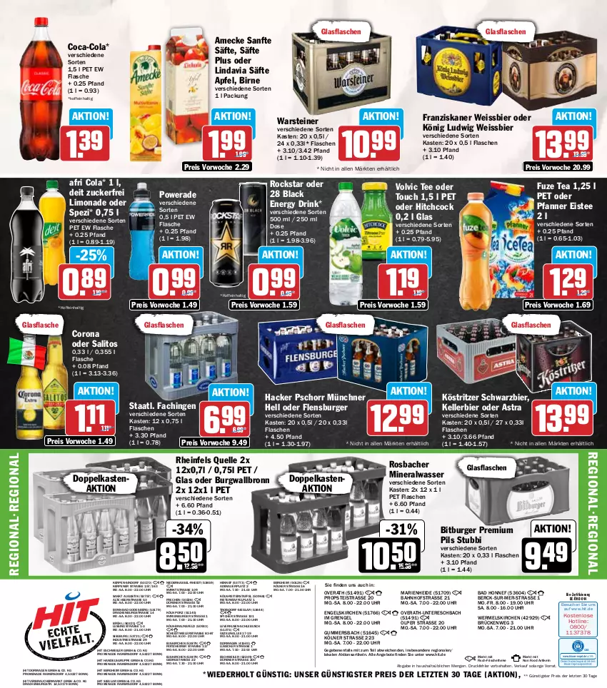 Aktueller Prospekt Hit - Wochenprospekt - von 05.01 bis 10.01.2026 - strona 19 - produkty: Afri Cola, Alwa, amecke, angebot, angebote, apfel, Astra, auer, Bad, bier, bio, bitburger, braun, burger, burgwallbronn, coca-cola, cola, corona, deit, drink, eimer, eis, eistee, elle, energy drink, Engel, fisch, flasche, flensburger, franziskaner, fuze tea, glasflasche, hacker pschorr, kellerbier, köstritzer, lack, limo, limonade, Lübecker, mineralwasser, pfanne, Pfanner, pils, premium pils, Rauch, reis, rheinfels quelle, Rockstar, säfte, Spezi, Staatl. Fachingen, steiner, tee, Ti, uhr, volvic, warsteiner, wasser, weissbier, ZTE, zucker