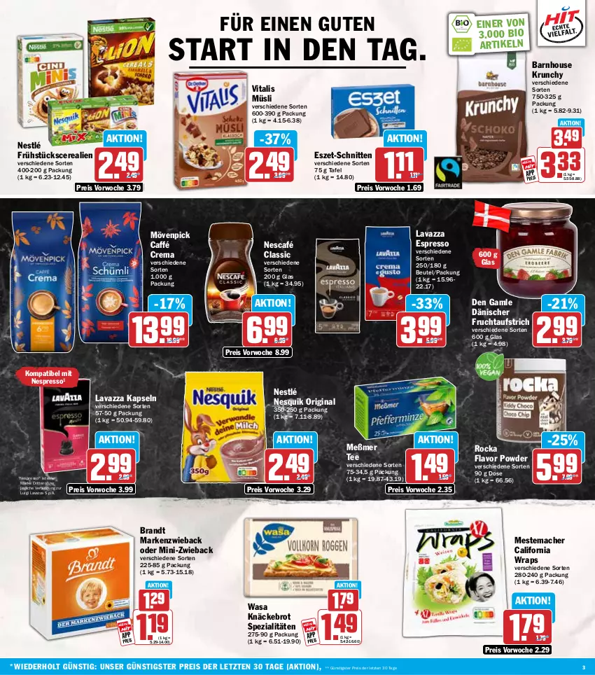 Aktueller Prospekt Hit - Wochenprospekt - von 05.01 bis 10.01.2026 - strona 3 - produkty: aufstrich, beutel, bio, brandt, brot, cerealien, den gamle, eis, espresso, frucht, fruchtaufstrich, gin, knäckebrot, lavazza, mac, Markenzwieback, Meßmer, mestemacher, mövenpick, müsli, Nescafé, nespresso, nesquik, nestlé, reis, ritter, schnitten, Spezi, tee, Ti, vita, vitalis, vitalis müsli, wasa, wrap, wraps, ZTE
